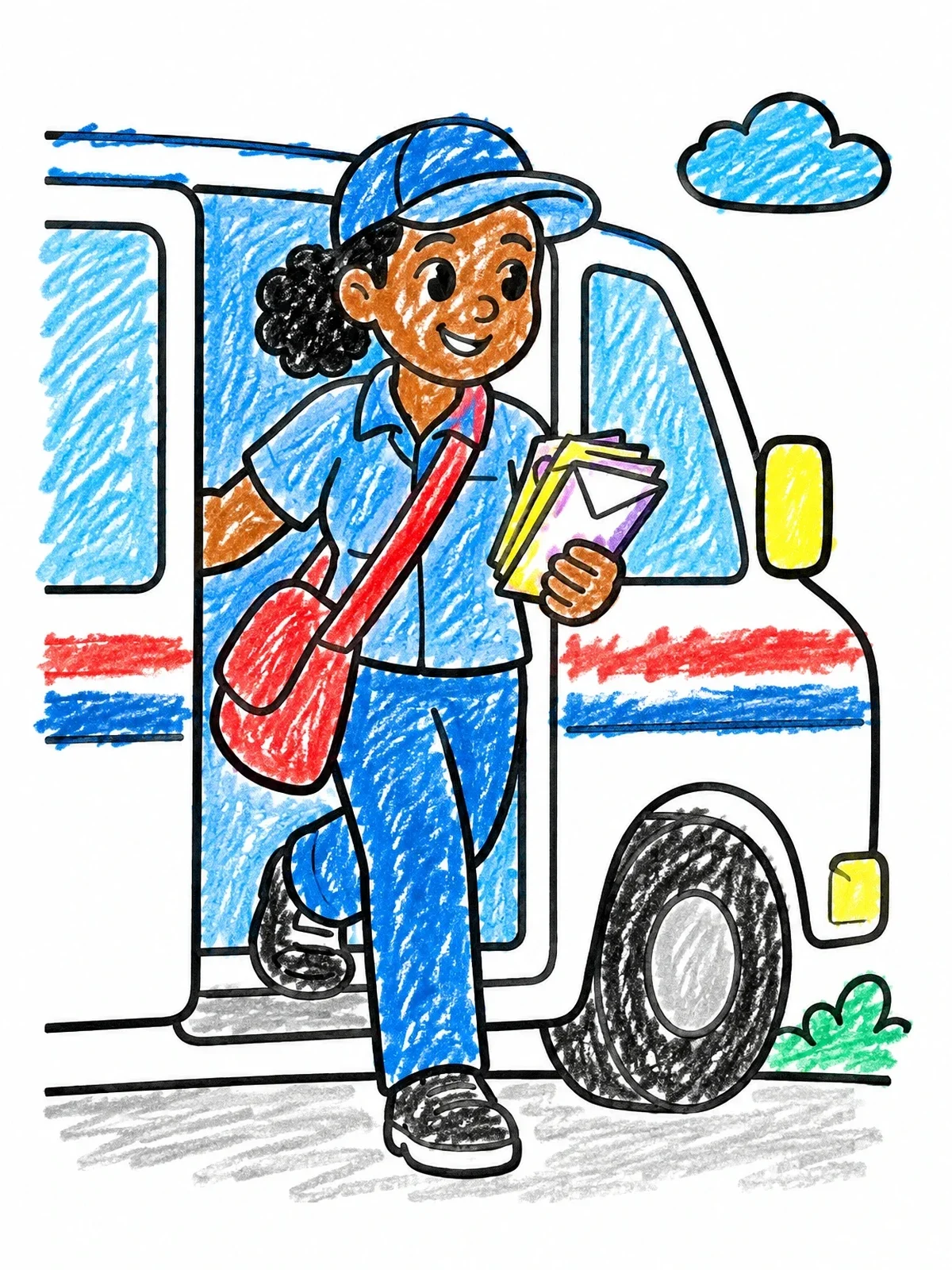 Colored example of the Mail Carrier Stepping From Van coloring page