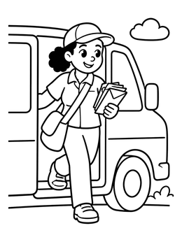 Free printable Mail Carrier Stepping From Van coloring page