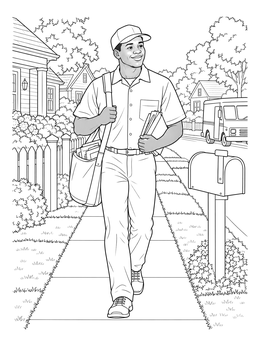 A friendly mail carrier walking down a sidewalk in this postman coloring page.