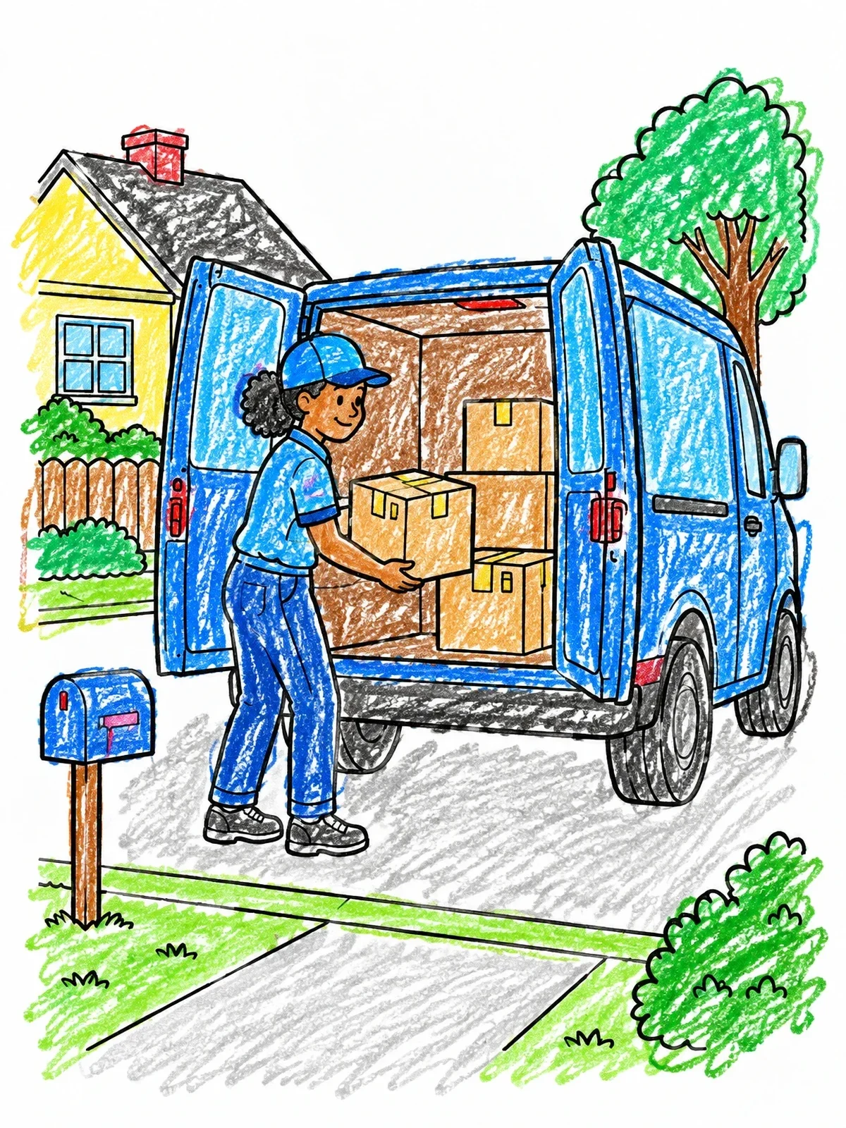 Colored example of the Postal Worker Unloading Delivery Van coloring page