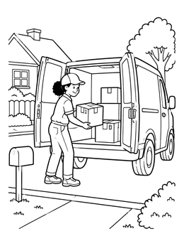Free printable Postal Worker Unloading Delivery Van coloring page