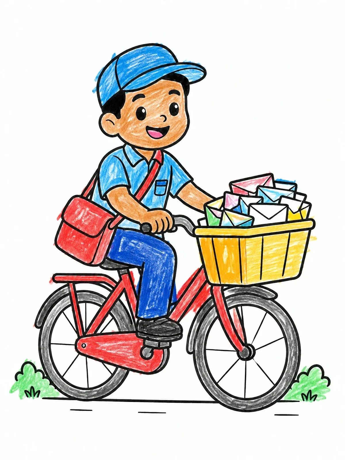 Colored example of the Smiling Mail Carrier On Bicycle coloring page