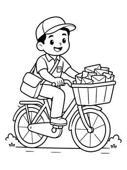 Free printable Smiling Mail Carrier On Bicycle coloring page