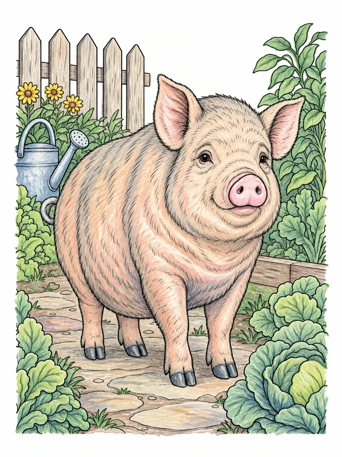 Colored example of the Pot Bellied Pig In The Garden coloring page