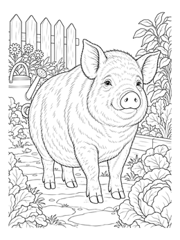 A realistic pig coloring page showing a stout pig walking along a path in a vegetable garden.
