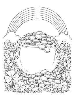 A pot of gold coins coloring page with a rainbow and clovers.