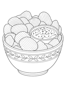 A decorative bowl packed with crispy ridged potato chips and creamy dip on this potato coloring page.