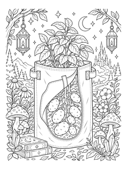 A magical night scene with a potato plants coloring page featuring a fabric grow bag.