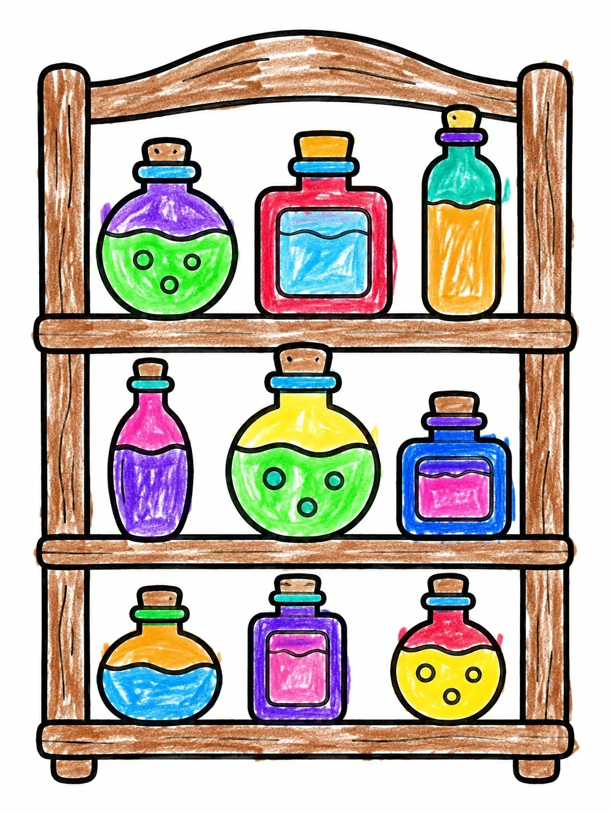 Colored example of the Potion Bottles On Wooden Shelves coloring page