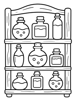 Free printable Potion Bottles On Wooden Shelves coloring page