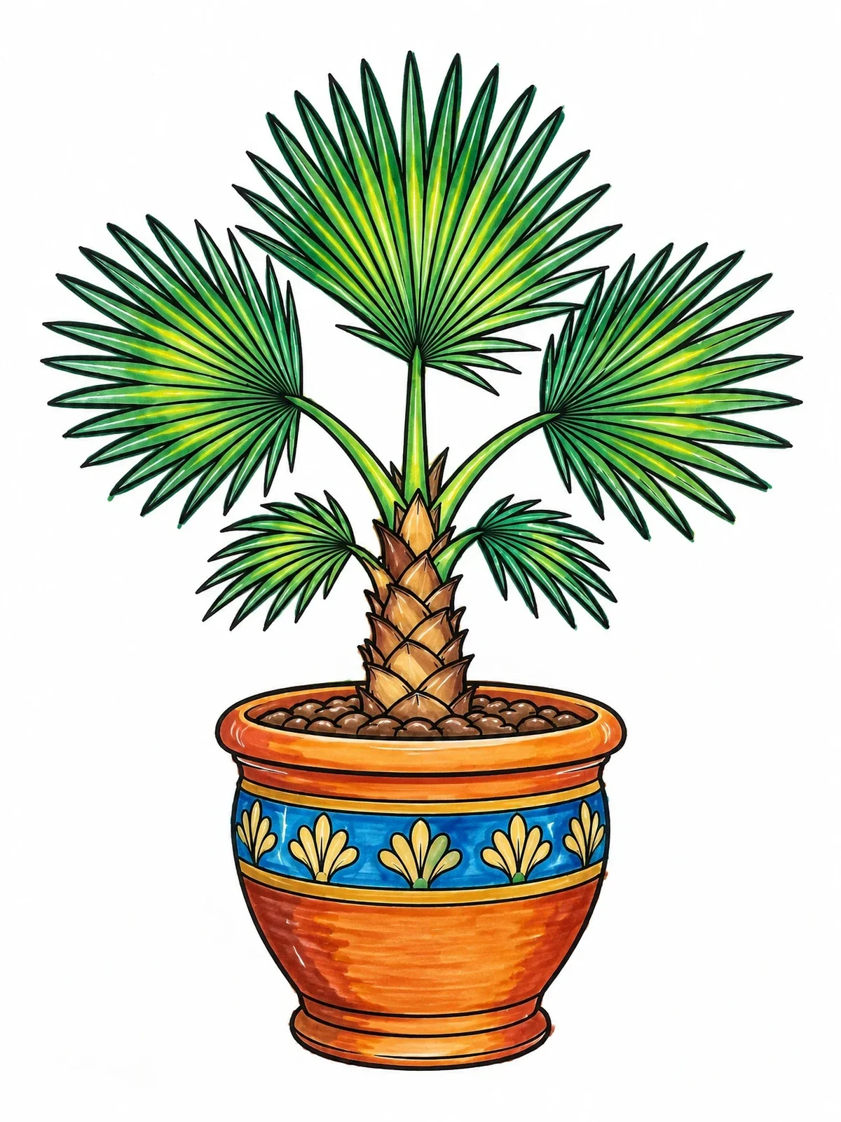 Colored example of the Potted Dwarf Fan Palm coloring page