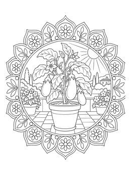An ornate eggplant coloring page showing a potted plant on a scenic Mediterranean patio.