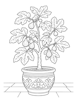 A detailed fig tree coloring page showing a potted plant with large leaves and hanging figs.