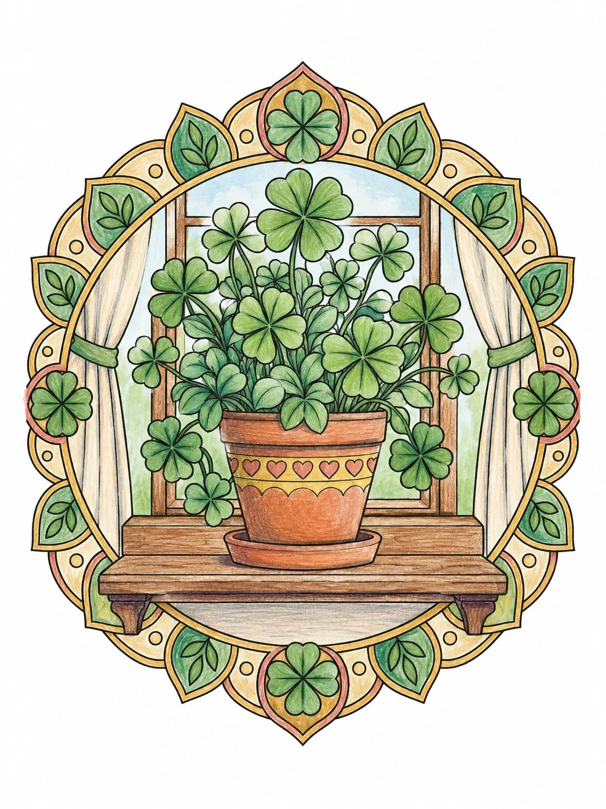 Colored example of the Potted Four Leaf Clover By Window coloring page