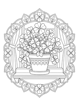 A potted plant on a sill inside this four leaf clover coloring page.