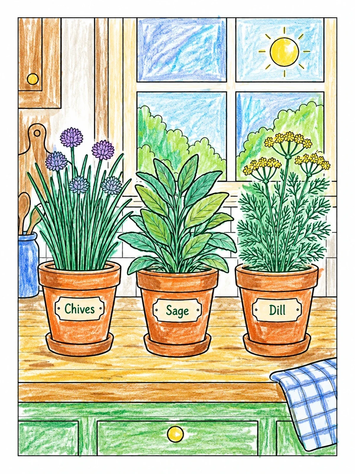 Colored example of the Potted Herbs On Sunny Kitchen Counter coloring page