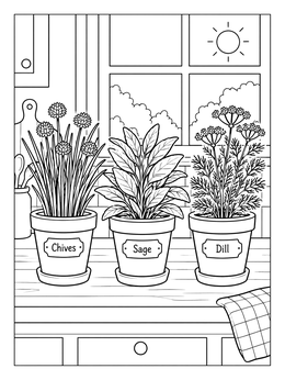 Free printable Potted Herbs On Sunny Kitchen Counter coloring page