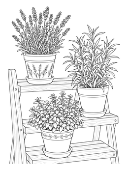 A lovely herb coloring page featuring potted lavender and herbs arranged neatly on a wooden ladder shelf.