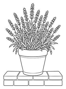 A blooming potted plant featured in this lavender coloring page on bricks.