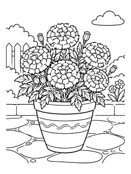 Free printable Potted Marigold Blossoms In The Garden coloring page