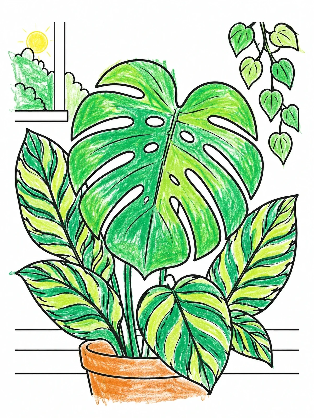 Colored example of the Potted Monstera And Tropical Foliage coloring page