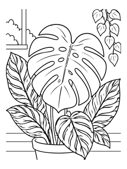 Free printable Potted Monstera And Tropical Foliage coloring page
