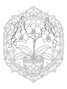 A symmetrical orchid coloring page featuring blooming flowers in an ornate pot flanked by two praying mantises.