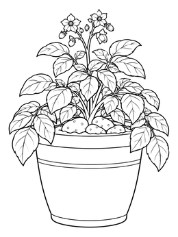 A flourishing potted potato plants coloring page with detailed leaves and blooming flowers.