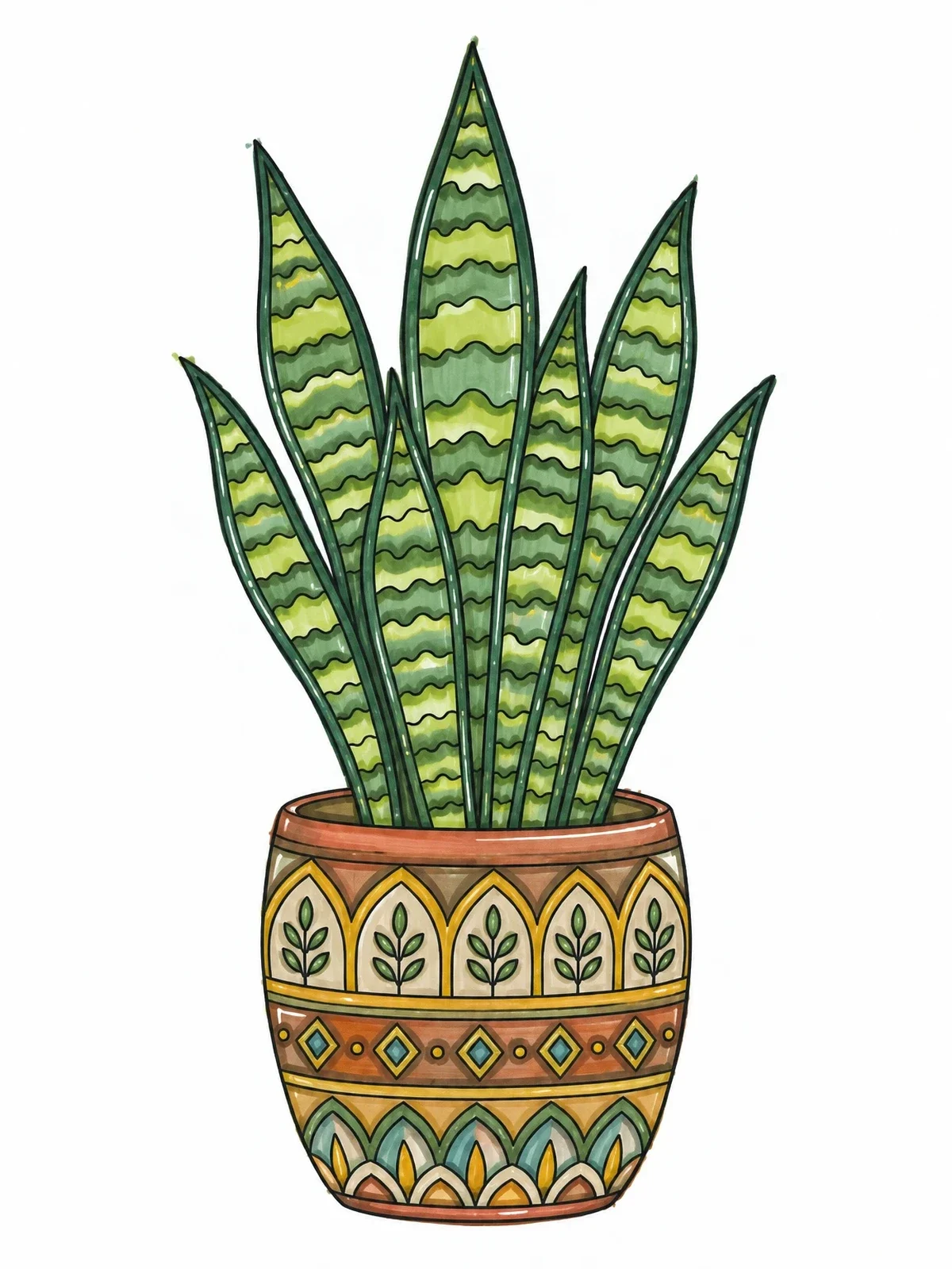Colored example of the Potted Snake Plant With Patterned Leaves coloring page