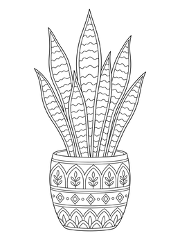 A decorative snake plant coloring page inside an ornate patterned ceramic pot.