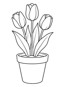 A simple tulip coloring page featuring three spring tulips growing in a terracotta pot.