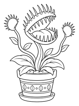 Detailed venus flytrap coloring page featuring an open carnivorous plant in a decorated flowerpot.