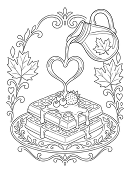 A glass jug pours a heart of syrup onto fresh waffles in this maple syrup coloring page.