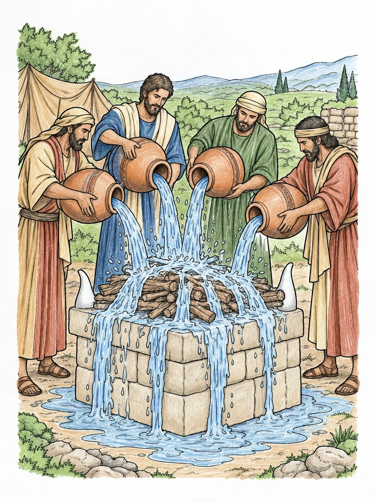 Colored example of the Pouring Water On Elijah's Altar coloring page