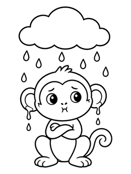 A cute cartoon monkey coloring page showing a grumpy monkey sitting under a rainy cloud.