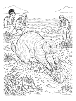 A prairie dog kicks up dirt near hikers on this prairie coloring page.