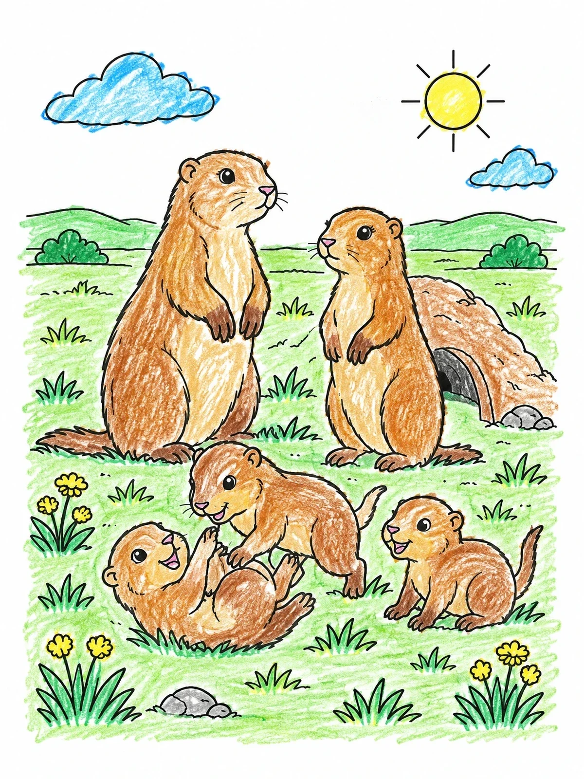 Colored example of the Prairie Dog Family Playing Outside Burrow coloring page