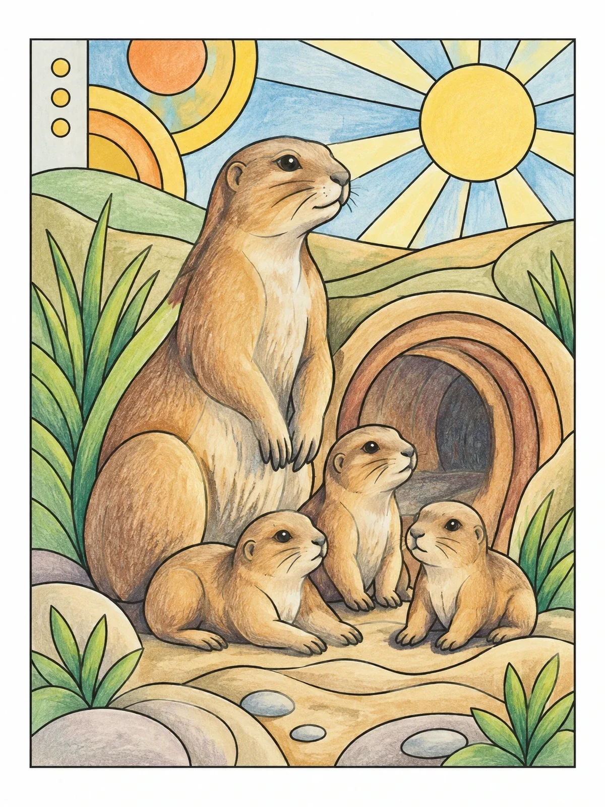 Colored example of the Prairie Dog Family In The Sun coloring page