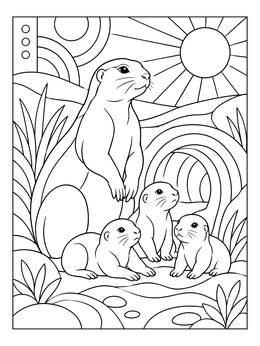 A mother prairie dog and her pups enjoy the sun in this prairie coloring page.