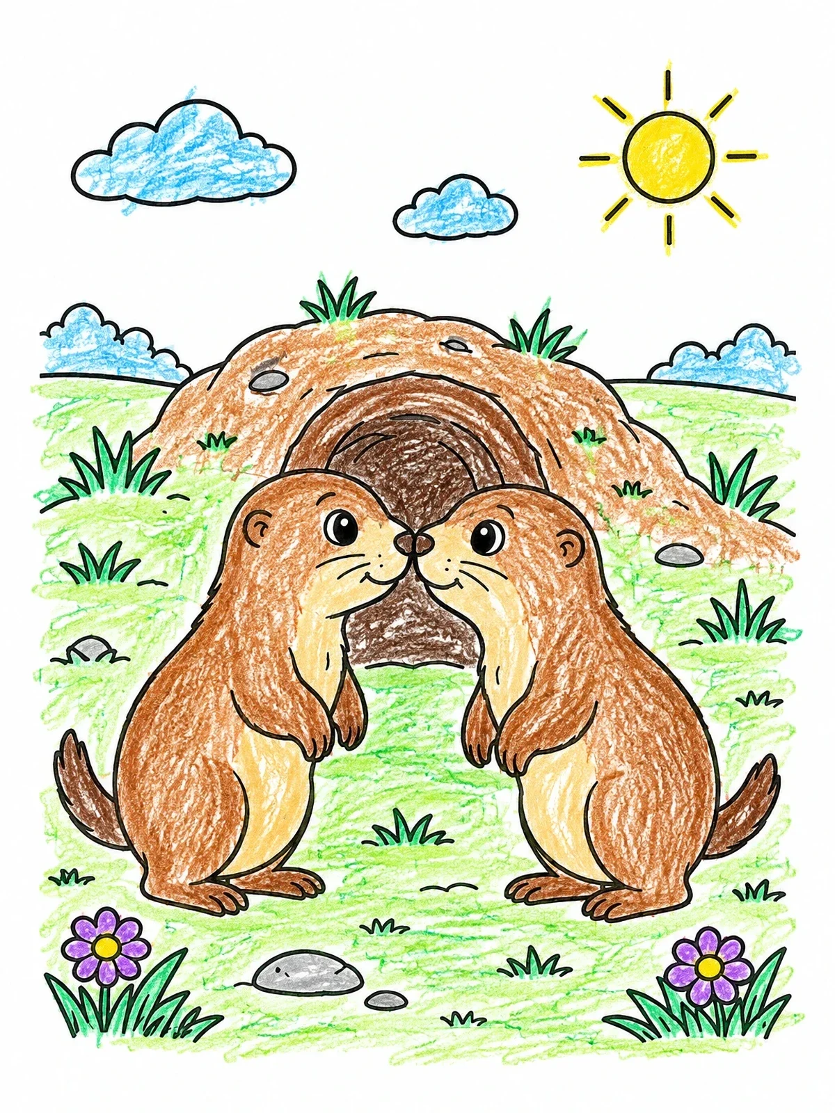 Colored example of the Prairie Dogs Greeting Near Burrow coloring page