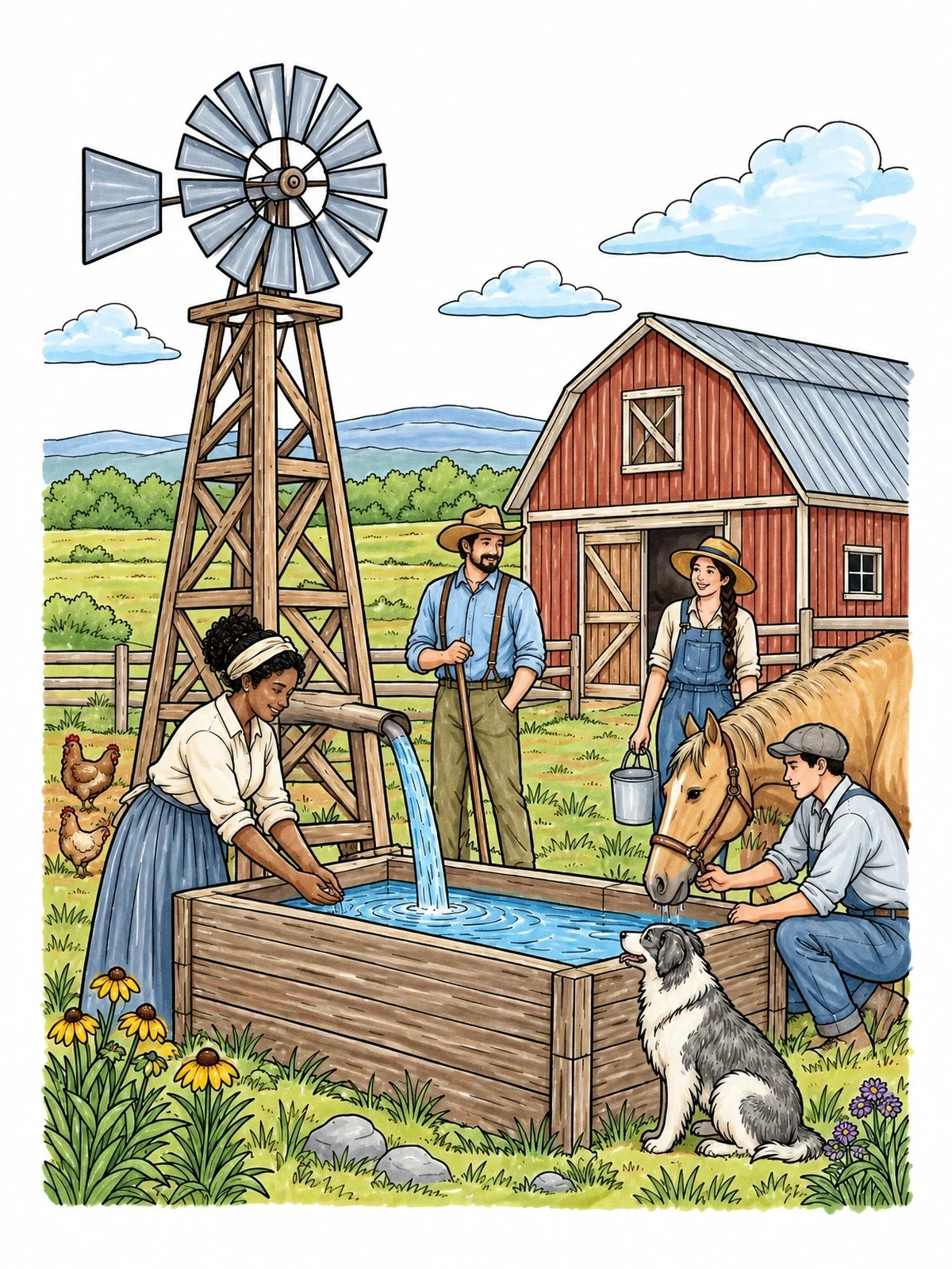Colored example of the Prairie Homestead Water Trough And Windmill coloring page