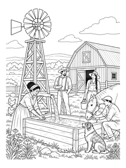 A family gathers by a wooden trough and windmill on this prairie coloring page.