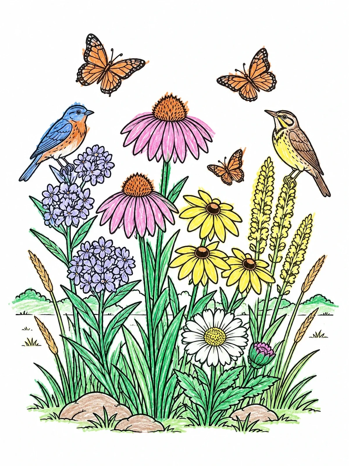 Colored example of the Prairie Wildflowers With Songbirds And Butterflies coloring page