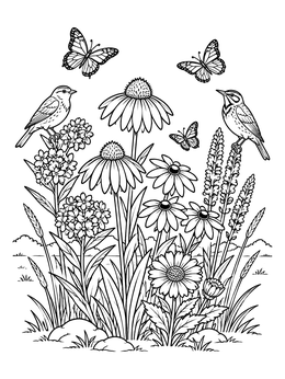 Free printable Prairie Wildflowers With Songbirds And Butterflies coloring page