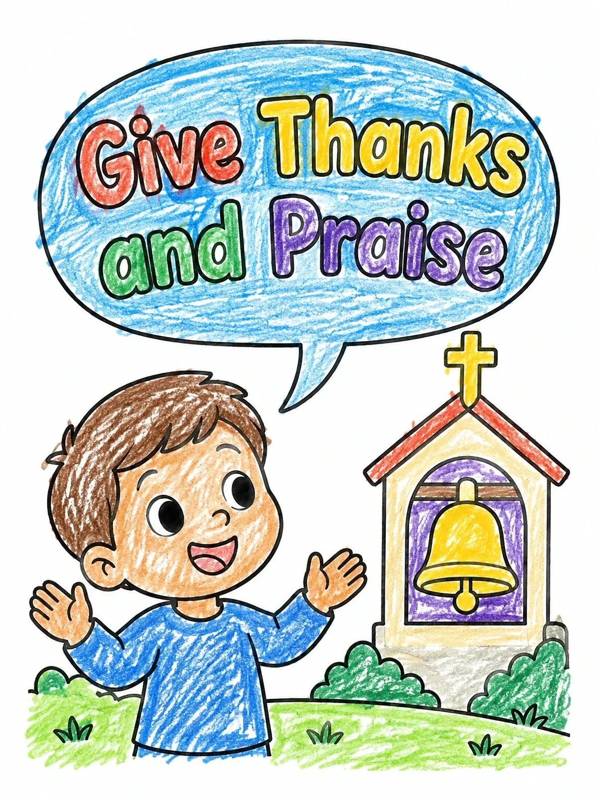 Colored example of the Boy Giving Thanks By Church Bell coloring page