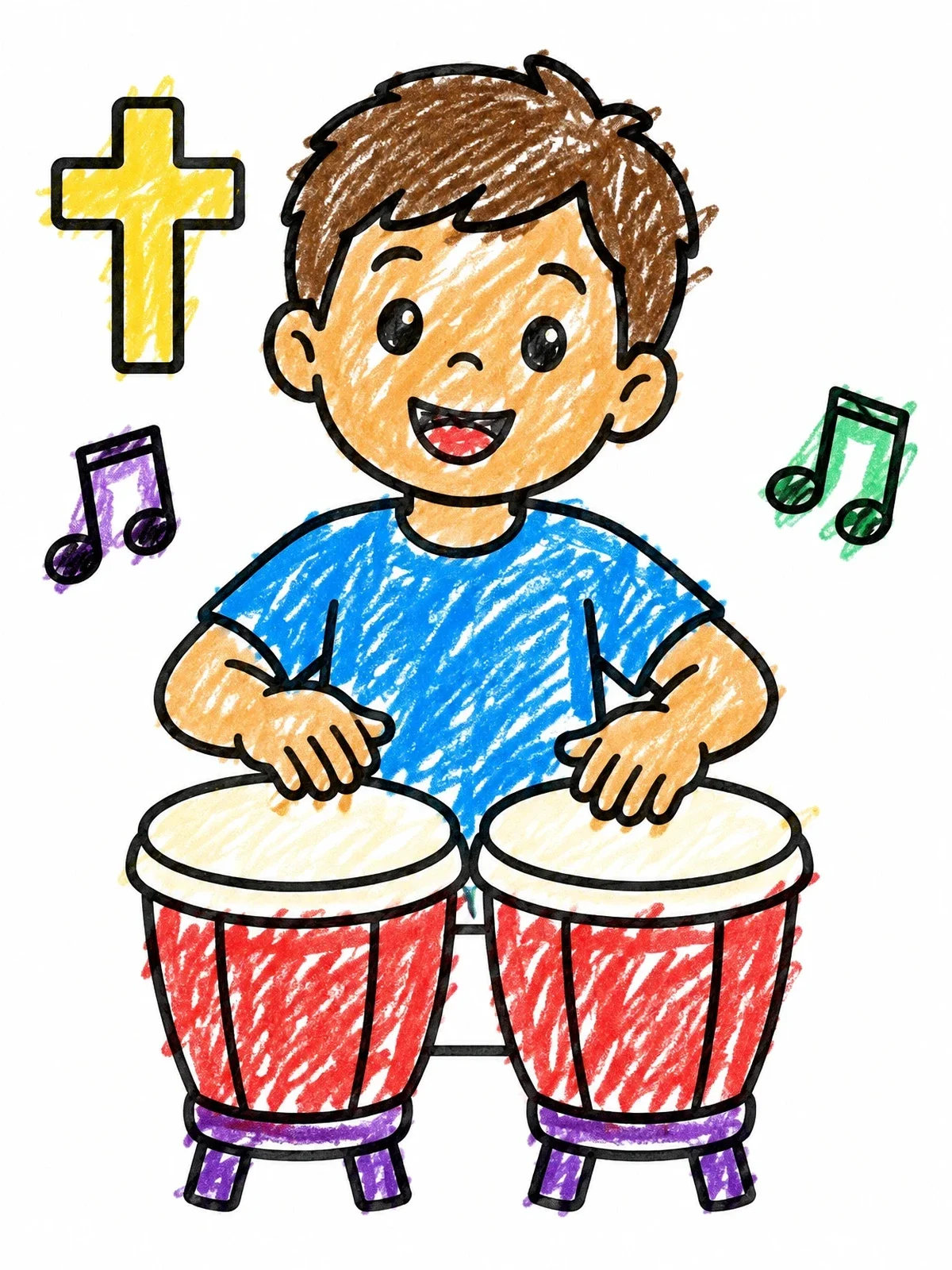 Colored example of the Boy Playing Bongo Drums In Worship coloring page