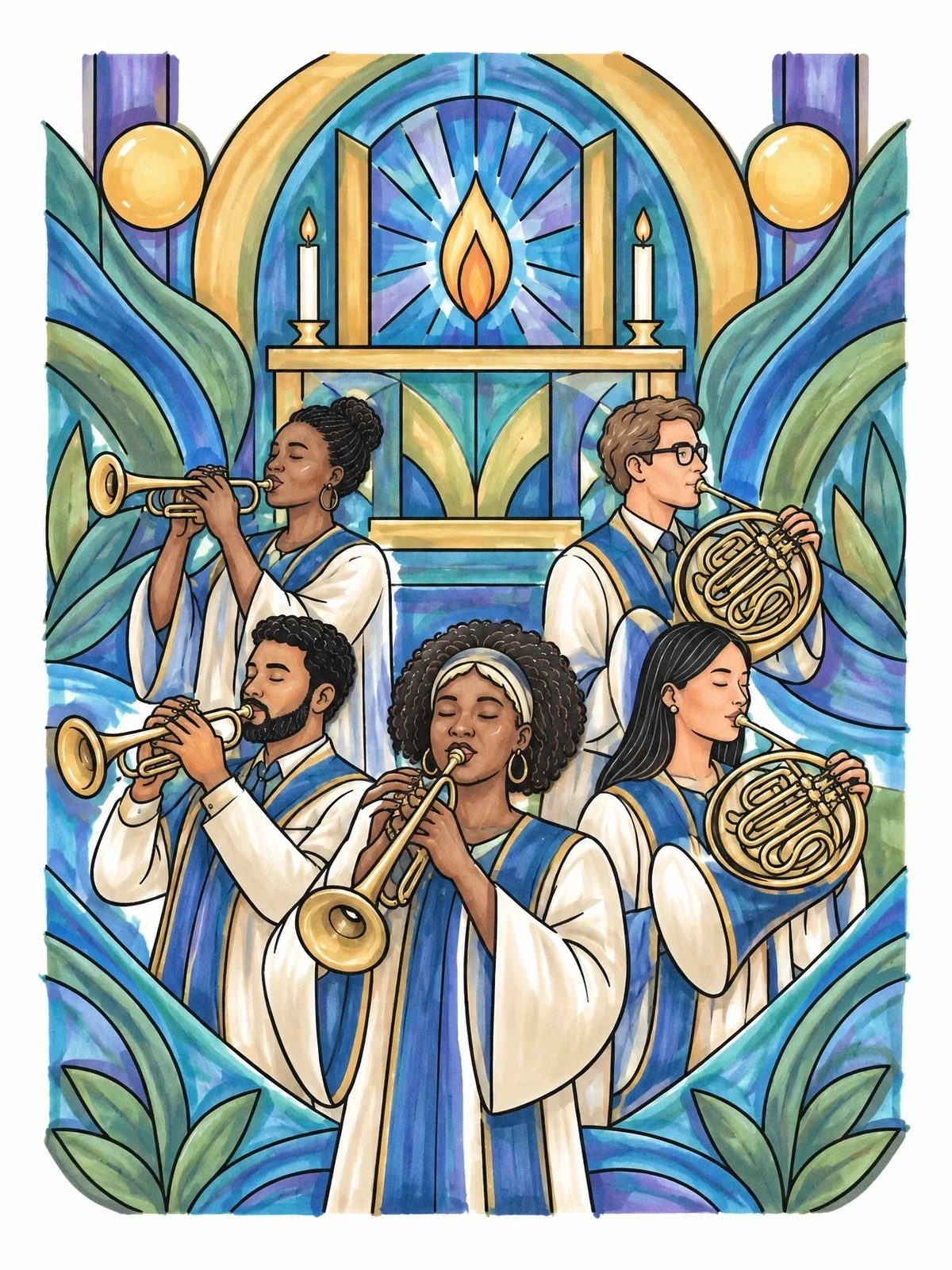 Colored example of the Brass Section Worship Before Altar coloring page