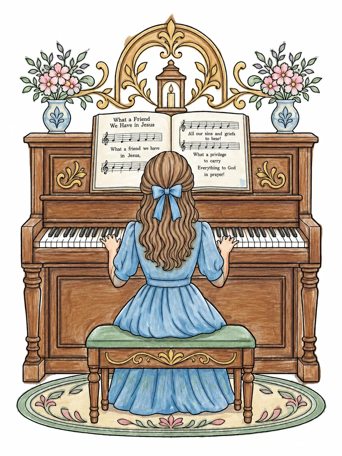 Colored example of the Girl Playing Hymn On Upright Piano coloring page
