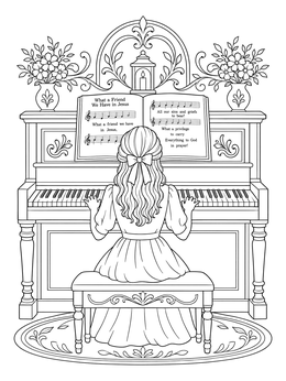 Free printable Girl Playing Hymn On Upright Piano coloring page