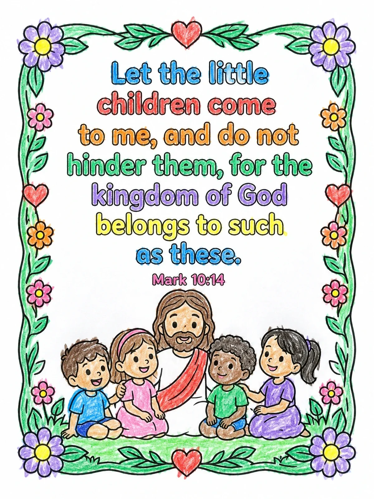 Colored example of the Jesus With Children And Bible Verse coloring page